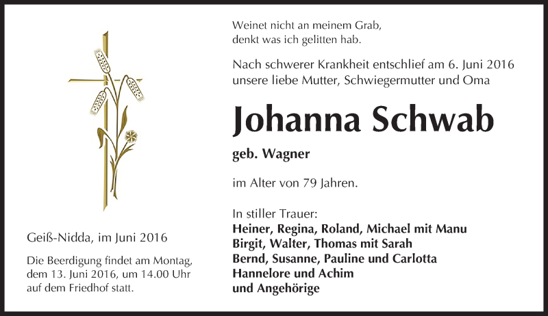  Traueranzeige für Johanna Schwab vom 11.06.2016 aus  Kreisanzeiger