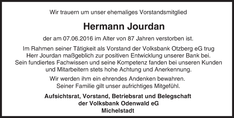  Traueranzeige für Hermann Jourdan vom 14.06.2016 aus Trauerportal Echo Online