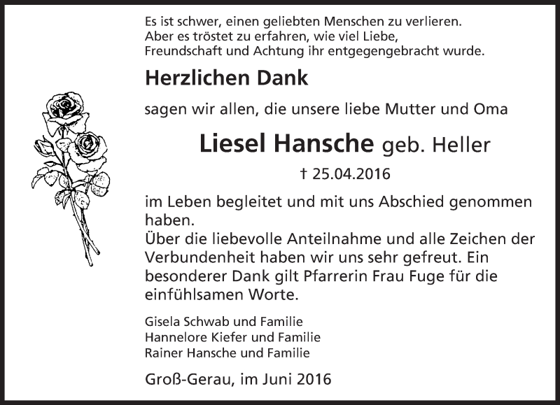 Traueranzeige für Liesel Hansche vom 04.06.2016 aus Trauerportal Echo Online
