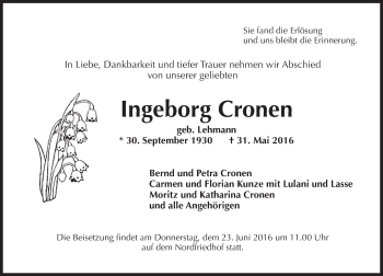 Traueranzeige von Ingeborg Cronen von  Wiesbaden komplett