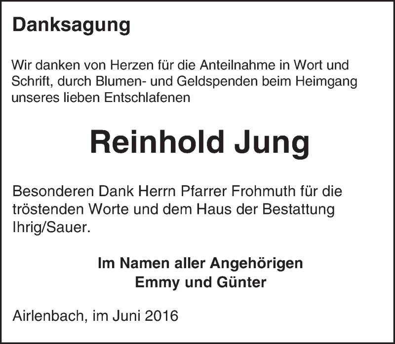  Traueranzeige für Reinhold Jung vom 08.06.2016 aus Trauerportal Echo Online