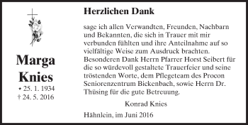 Traueranzeige von Marga Knies von Trauerportal Echo Online