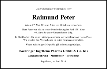 Traueranzeige von Raimund Peter von  Allgemeine  Zeitung Ingelheim-Bingen