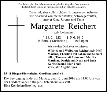 Traueranzeige von Margarete Reichert von  Allgemeine  Zeitung Ingelheim-Bingen