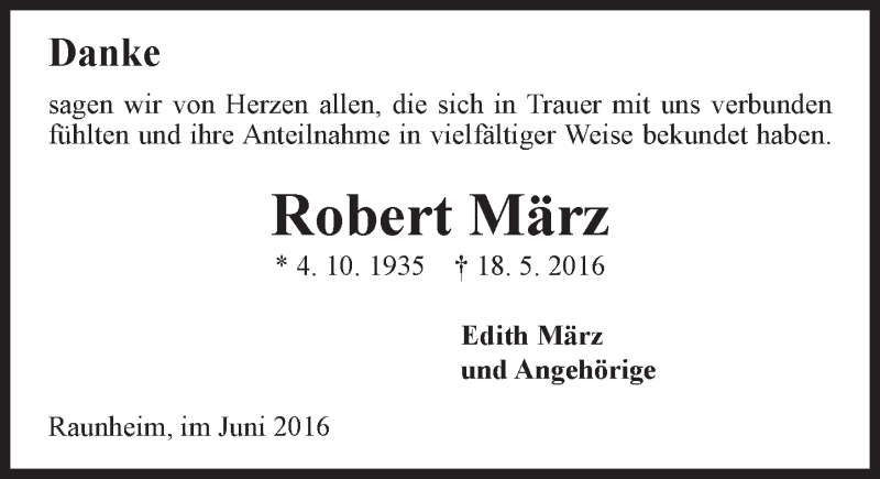  Traueranzeige für Robert März vom 18.06.2016 aus Trauerportal Rhein Main Presse
