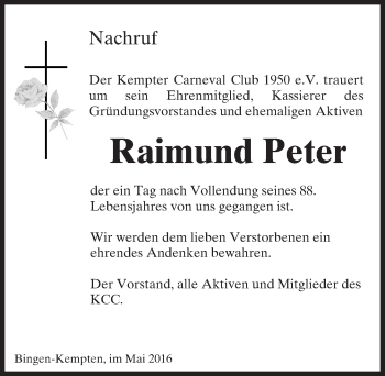 Traueranzeige von Raimund Peter von  Allgemeine  Zeitung Ingelheim-Bingen