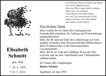 Traueranzeige von Elisabeth Schmitt von  Allgemeine  Zeitung Ingelheim-Bingen