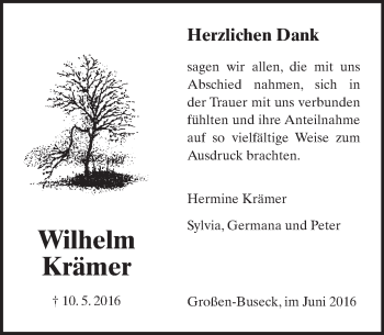 Traueranzeige von Wilhelm Krämer von  Gießener Anzeiger