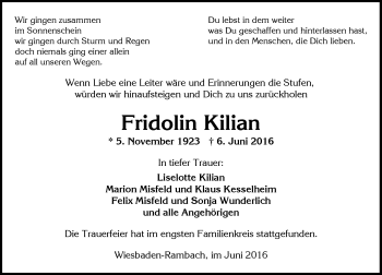Traueranzeige von Fridolin Kilian von Trauerportal Rhein Main Presse