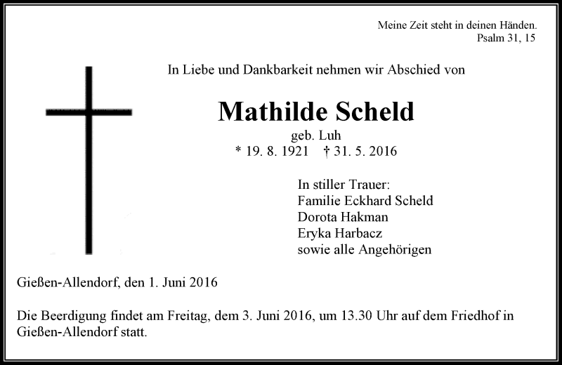  Traueranzeige für Mathilde Scheld vom 01.06.2016 aus  Gießener Anzeiger