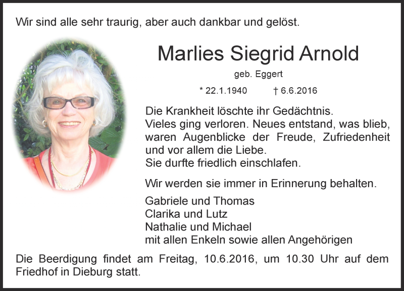  Traueranzeige für Marlies Siegrid Arnold vom 08.06.2016 aus Trauerportal Echo Online