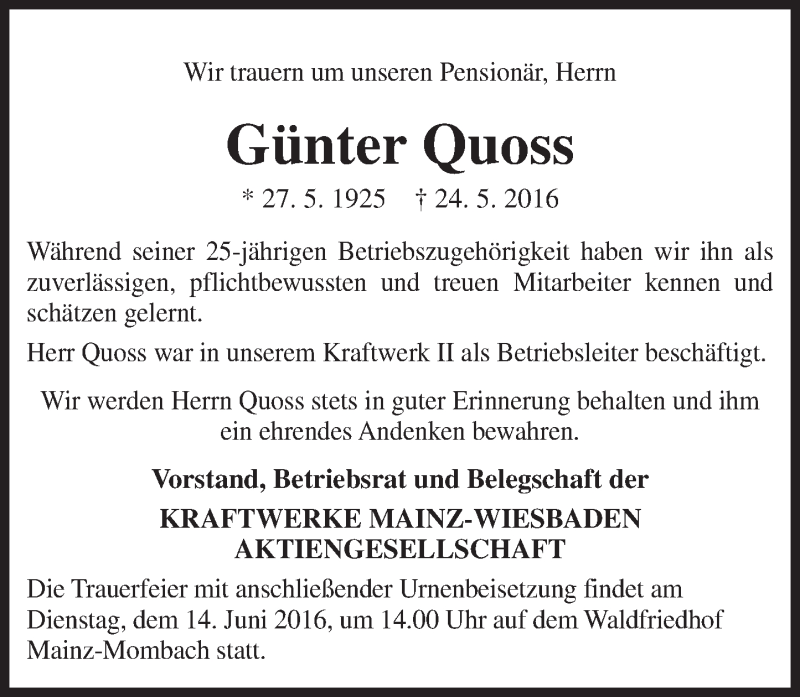  Traueranzeige für Günter Quoss vom 04.06.2016 aus  Mainspitze