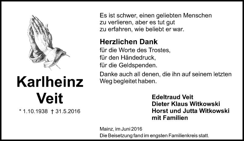  Traueranzeige für Karlheinz Veit vom 25.06.2016 aus Trauerportal Rhein Main Presse