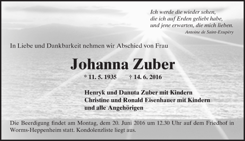  Traueranzeige für Johanna Zuber vom 17.06.2016 aus Trauerportal Rhein Main Presse