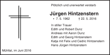 Traueranzeige von Jürgen Hintzenstern von Trauerportal Echo Online