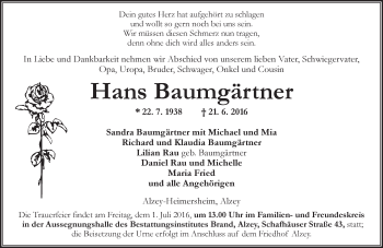 Traueranzeige von Hans Baumgärtner von Trauerportal Rhein Main Presse
