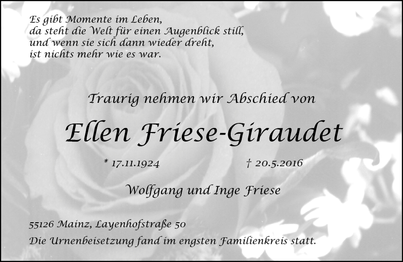  Traueranzeige für Ellen Friese-Giraudet vom 01.06.2016 aus  Allgemeine Zeitung Mainz