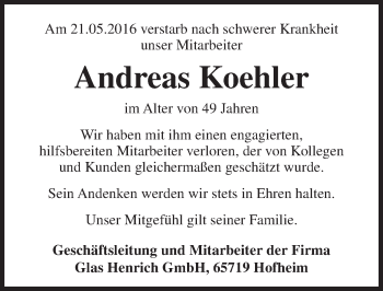 Traueranzeige von Andreas Koehler von  Hofheimer Zeitung