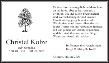 Traueranzeige von Christel Kolze von  Usinger Anzeiger