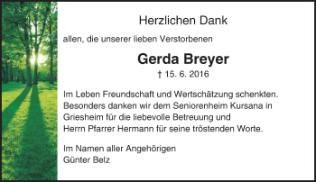 Traueranzeige von Gerda Breyer von Trauerportal Echo Online