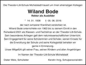 Traueranzeige von Wiland Bode von Trauerportal Echo Online
