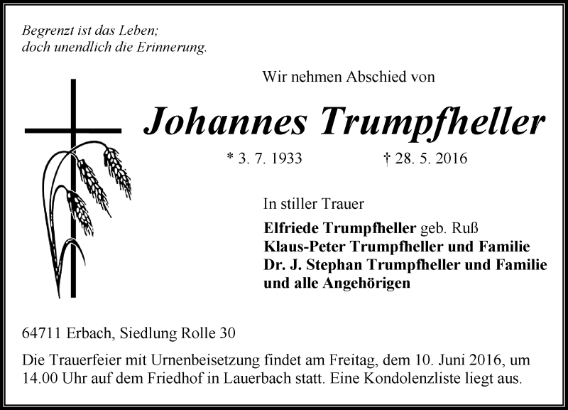  Traueranzeige für Johannes Trumpfheller vom 08.06.2016 aus Trauerportal Echo Online