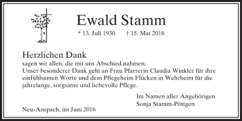 Traueranzeige von Ewald Stamm von  Usinger Anzeiger