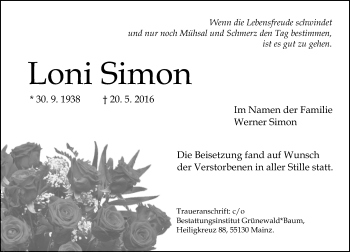 Traueranzeige von Loni Simon von  Allgemeine Zeitung Mainz