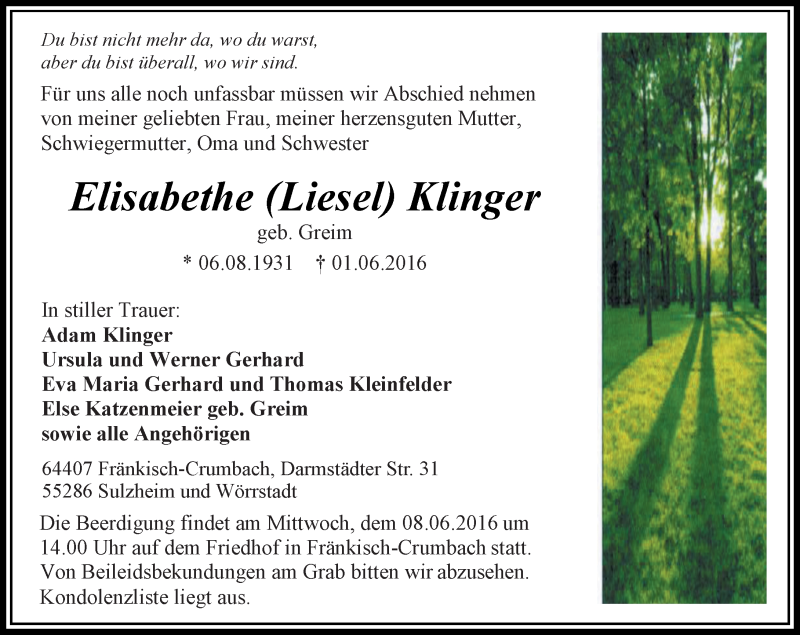  Traueranzeige für Elisabethe Klinger vom 07.06.2016 aus  Allgemeine Zeitung Alzey