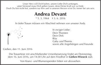 Traueranzeige von Andrea Devant von  Gießener Anzeiger