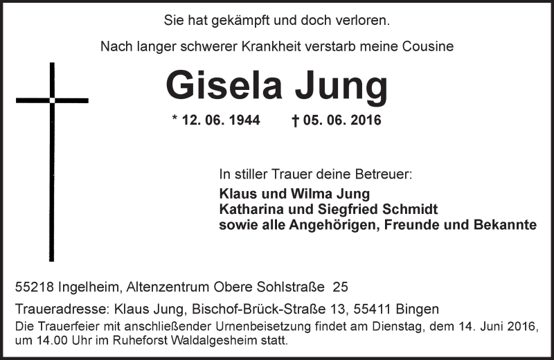 Traueranzeige für Gisela Jung vom 08.06.2016 aus  Allgemeine  Zeitung Ingelheim-Bingen
