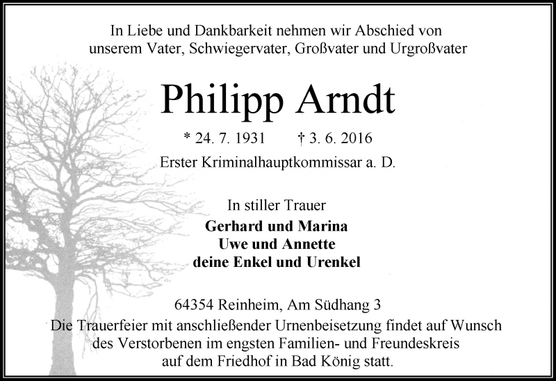  Traueranzeige für Philipp Arndt vom 11.06.2016 aus Trauerportal Echo Online