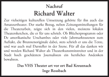 Traueranzeige von Richard Walter von  Allg. Zeitung Bad Kreuznach