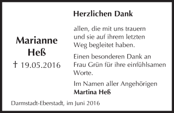Traueranzeige von Marianne Heß von Trauerportal Echo Online