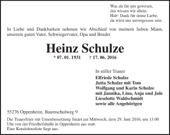 Traueranzeige von Heinz Schulze von Trauerportal Rhein Main Presse