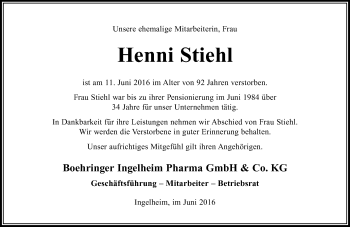 Traueranzeige von Henni Stiehl von Trauerportal Rhein Main Presse