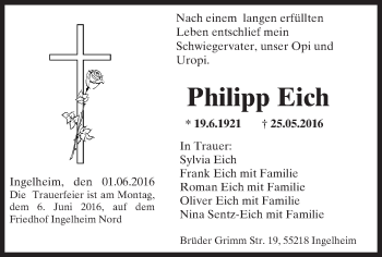 Traueranzeige von Philipp Eich von  Allgemeine  Zeitung Ingelheim-Bingen