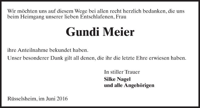  Traueranzeige für Gundi Meier vom 18.06.2016 aus Trauerportal Rhein Main Presse