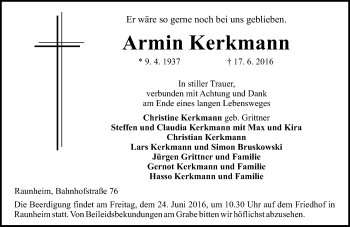 Traueranzeige von Armin Kerkmann von Trauerportal Rhein Main Presse