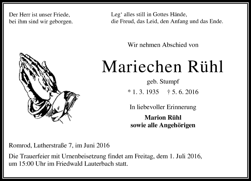  Traueranzeige für Mariechen Rühl vom 11.06.2016 aus VRM Trauer