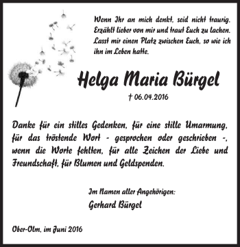 Traueranzeige von Helga Maria Bürgel von  Allgemeine Zeitung Mainz