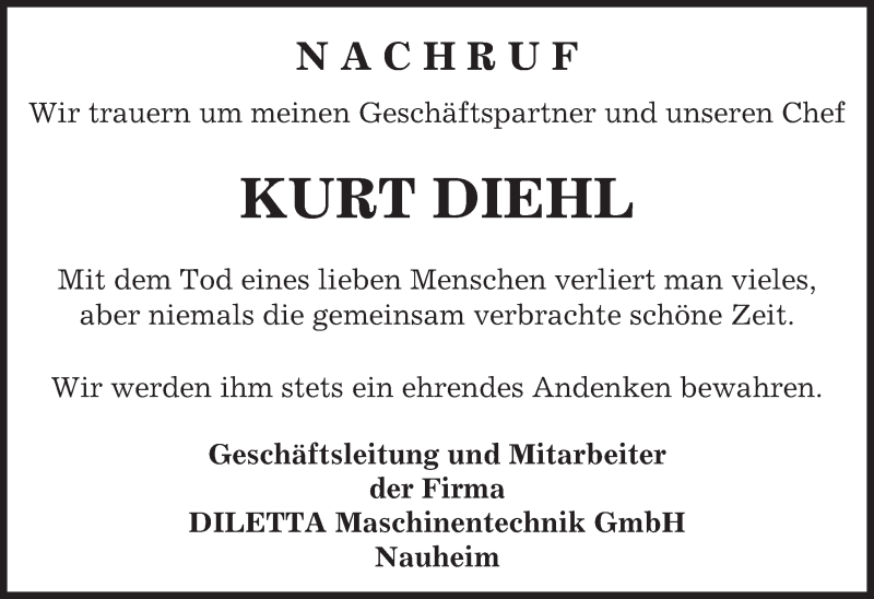  Traueranzeige für Kurt Diehl vom 01.06.2016 aus Trauerportal Echo Online