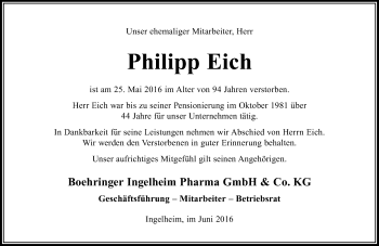 Traueranzeige von Philipp Eich von  Allgemeine  Zeitung Ingelheim-Bingen