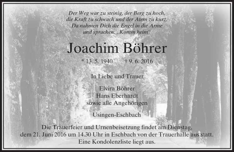  Traueranzeige für Joachim Böhrer vom 18.06.2016 aus  Usinger Anzeiger