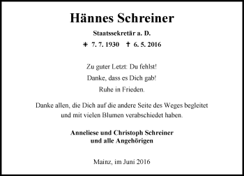 Traueranzeige von Hännes Schreiner von  Allgemeine Zeitung Mainz