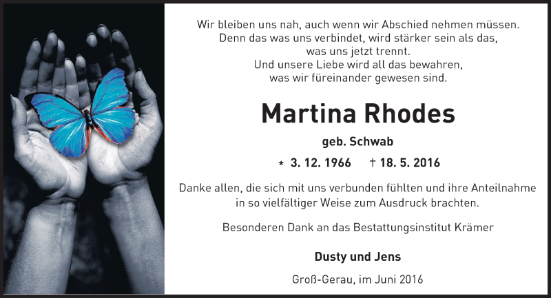  Traueranzeige für Martina Rhodes vom 11.06.2016 aus Trauerportal Echo Online