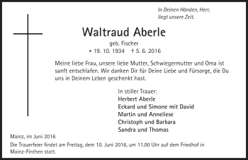 Traueranzeige von Waltraud Aberle von  Allgemeine Zeitung Mainz