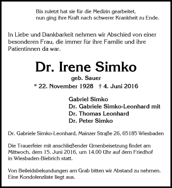 Traueranzeige von Irene Simko von  Wiesbaden komplett