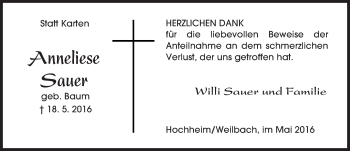 Traueranzeige von Anneliese Sauer von  Hochheimer Zeitung