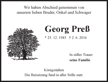 Traueranzeige von Georg Preß von Trauerportal Rhein Main Presse